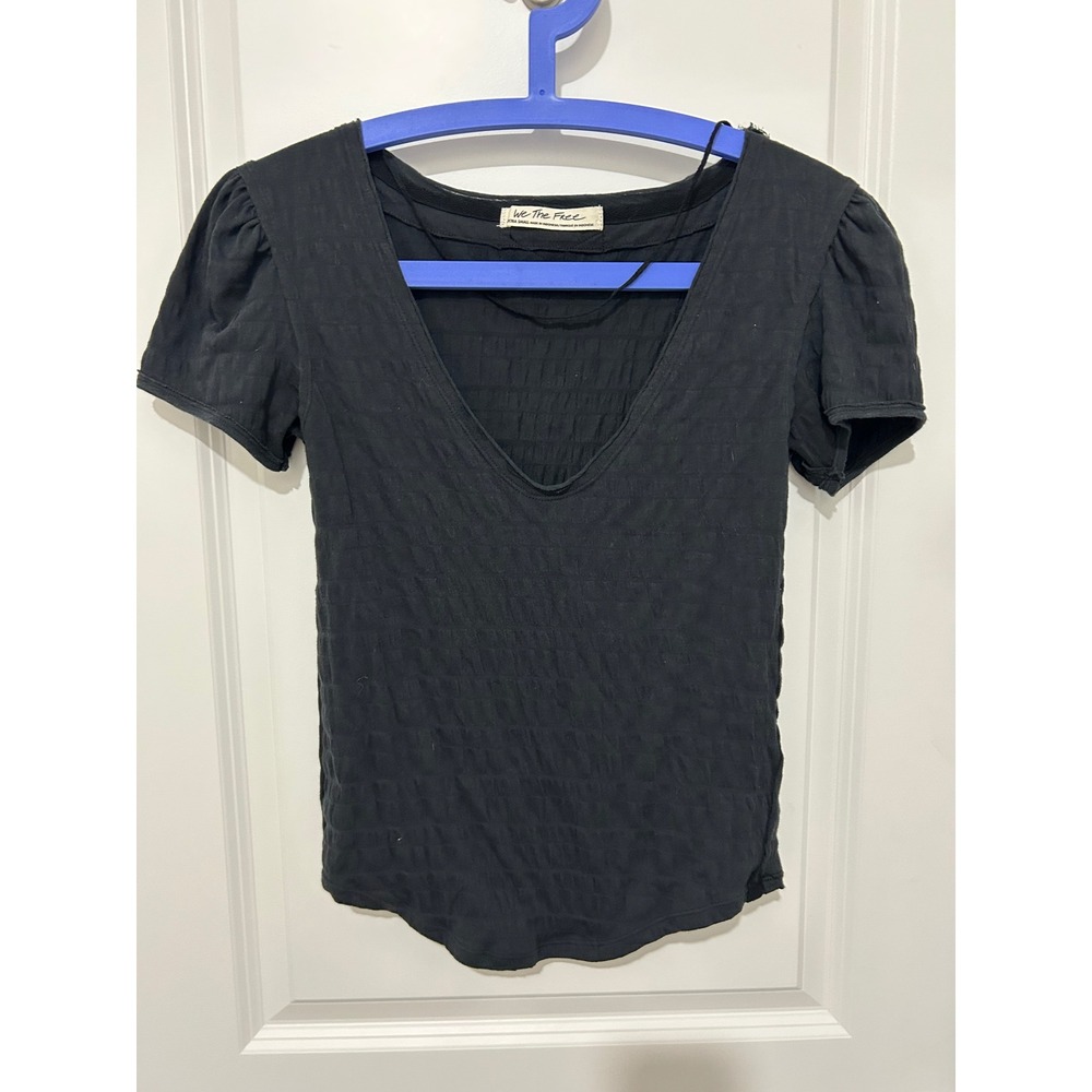 Free People Black Textured Puff Sleeve V Neck T Shirt Top Xtra Small
